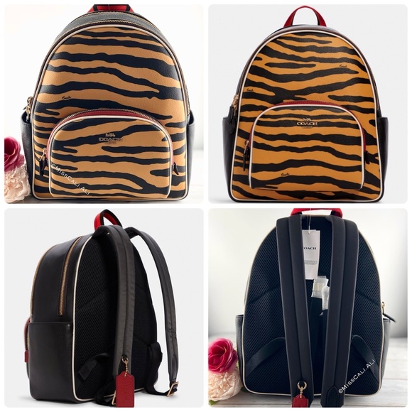 coach backpack with tiger Court In Signature Canvas Printed coated canvas and refined pebble leather Inside zip and multifunction pockets Double zip closure fabric lining Handle with 2 1/4 drop Outside zip pocket Adjustable shoulder straps 10 3/4 (L) x 12 1/2 (H) x 4 3/4 (W) Style No. COACH Court Backpack in Signature